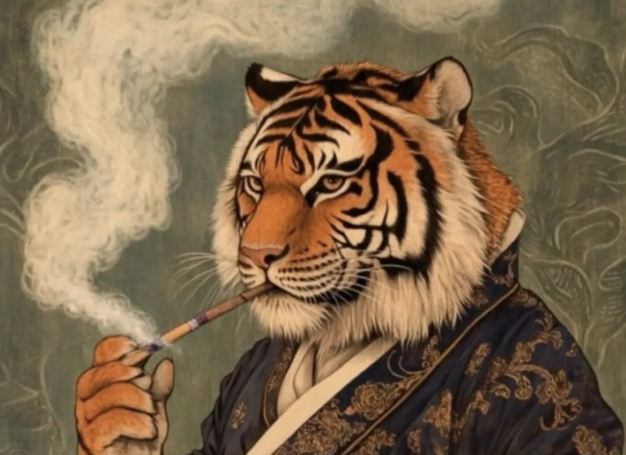 Fabled Korean smoking tiger: a painting of a tiger in a patterned robe smoking a long pipe