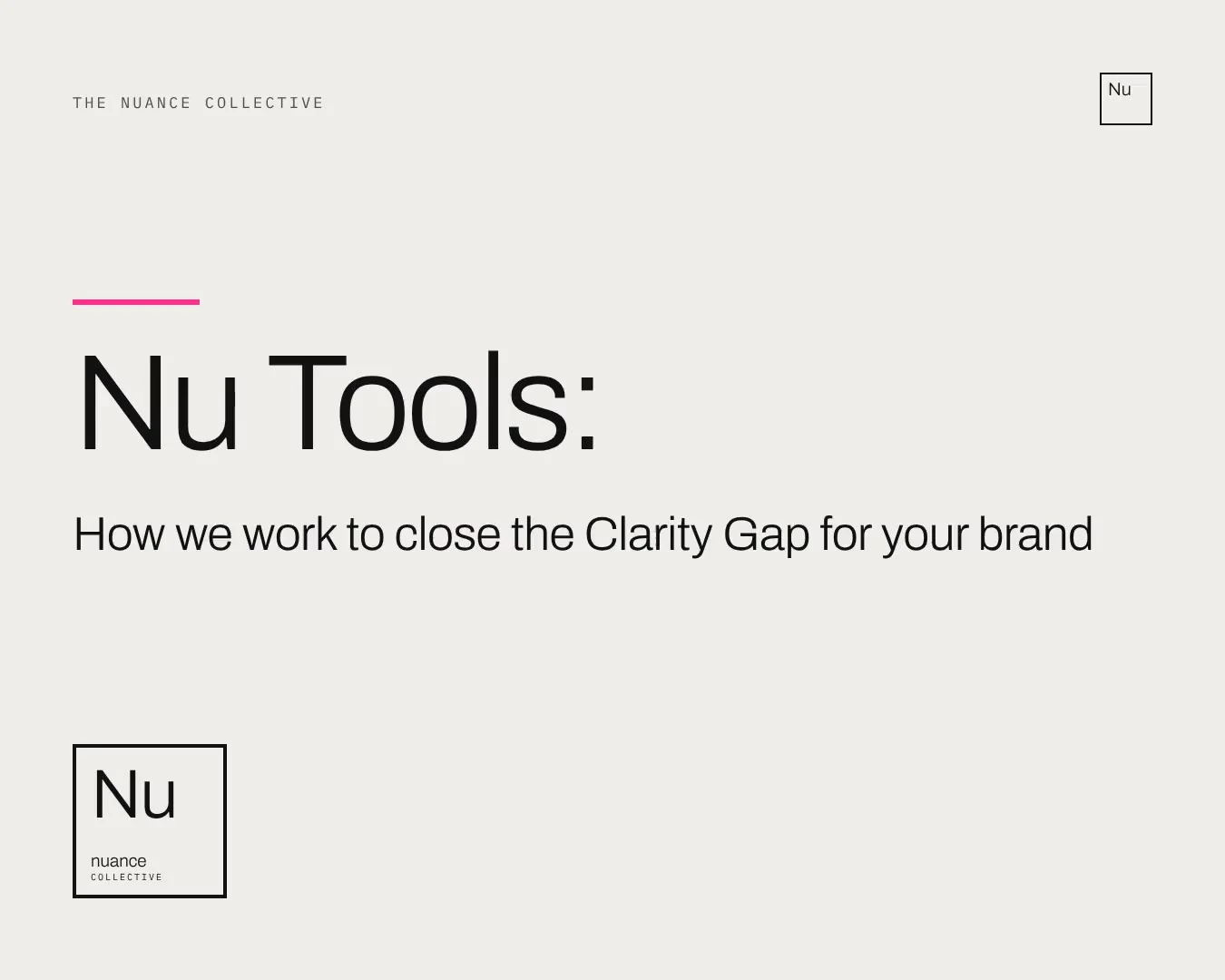 Nu Tools title card: how we work to close the Clarity Gap for your brand.
