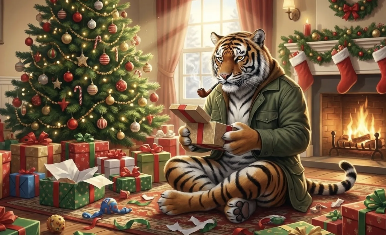 Illustration: the pipe-smoking tiger opens presents by the fireplace on Christmas morning.