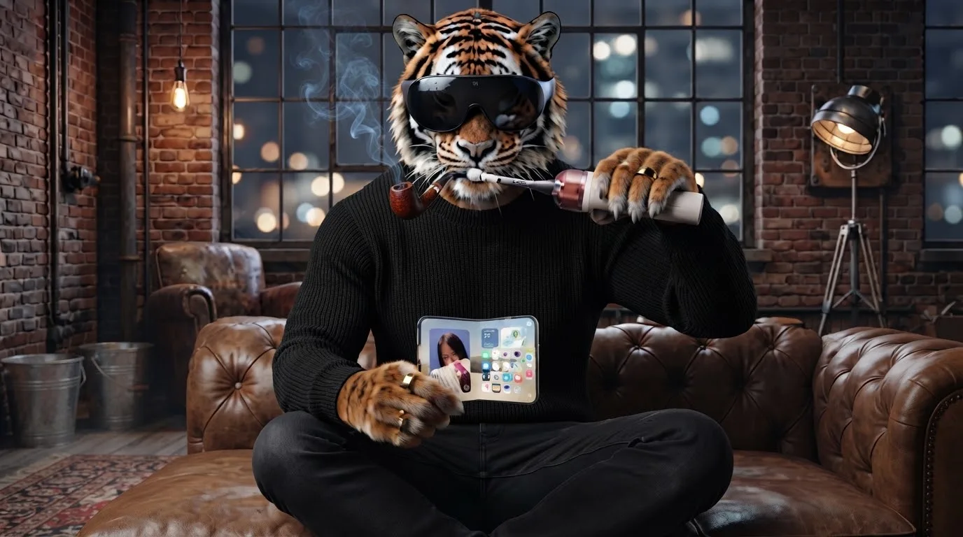 The pipe-smoking Korean tiger, TNC's cultural mascot, sits cross-legged on a leather chesterfield in a brick loft wearing bulky VR goggles, a camera toothbrush raised in one paw and an unfolded foldable phone in the other, city lights in the windows behind him.