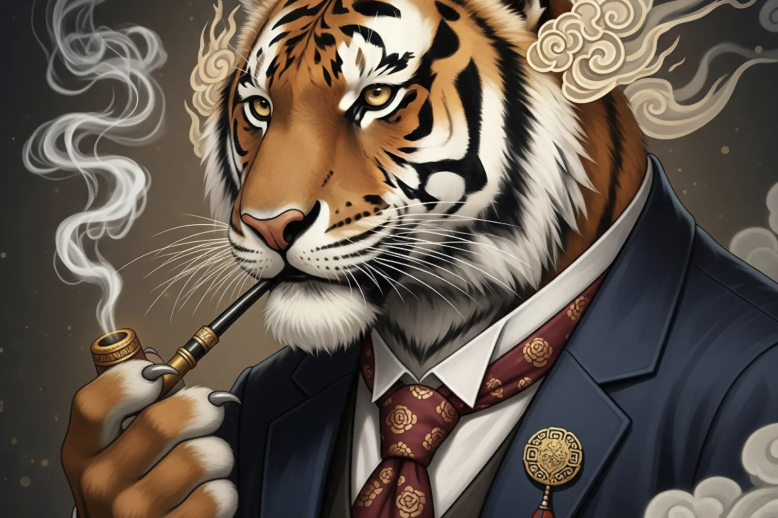 Illustrated portrait: the pipe-smoking tiger in a navy suit, rose-patterned tie, and gold medallion brooch.