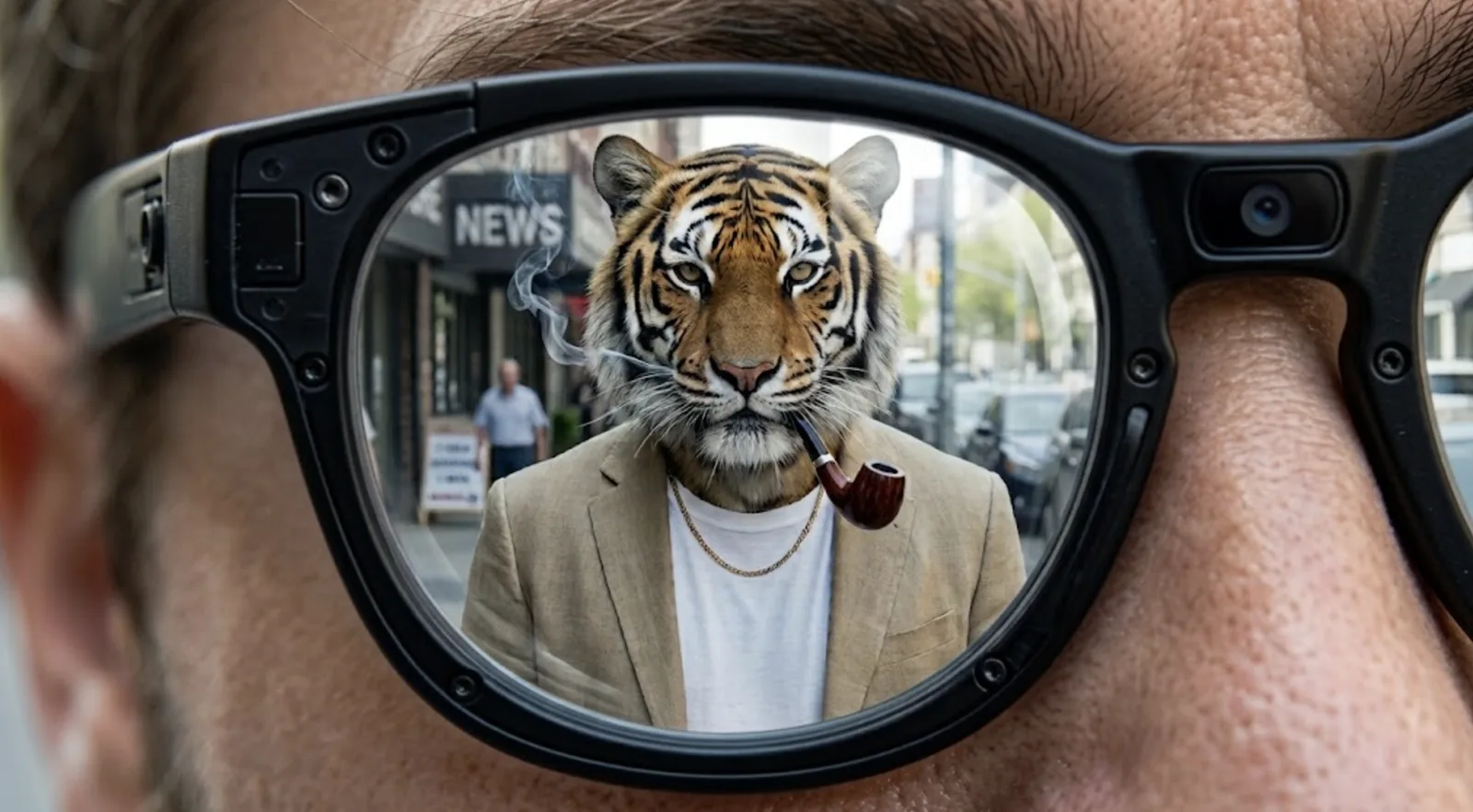 The pipe-smoking tiger seen through the camera lens of a pair of smart glasses on a city street.
