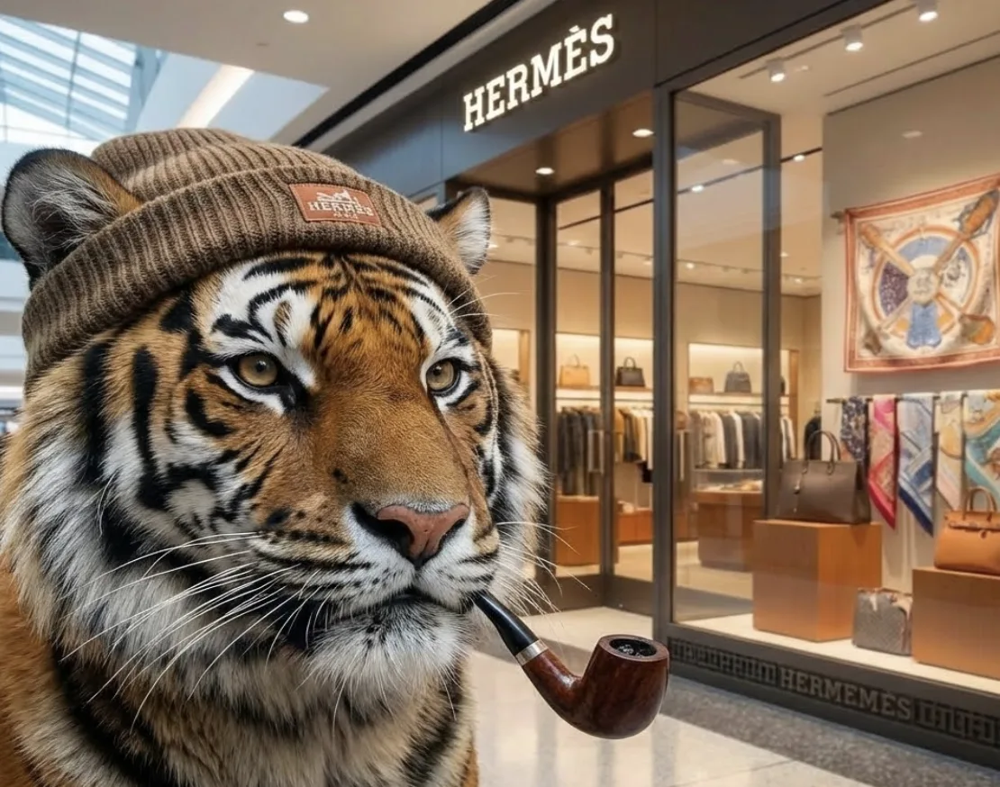 The pipe-smoking tiger in a logo beanie outside the Hermes storefront at American Dream Mall.