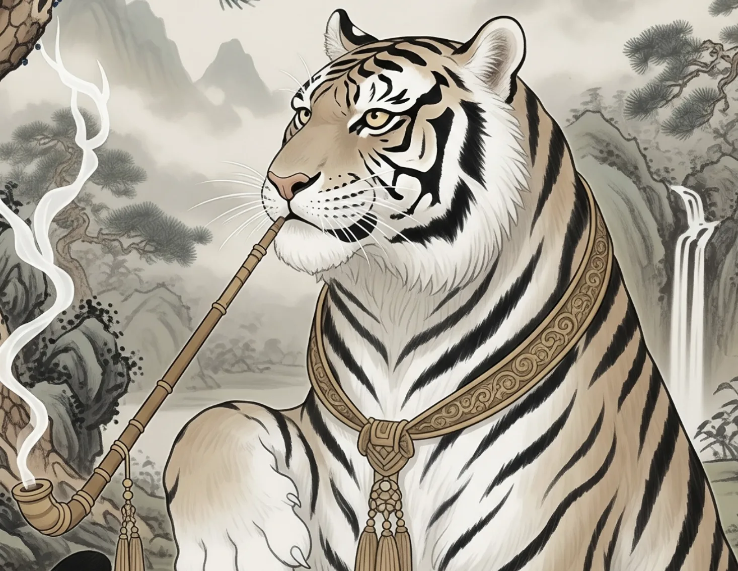 Classical ink-wash painting: the tiger with a long pipe among misty mountains, pines, and a waterfall.