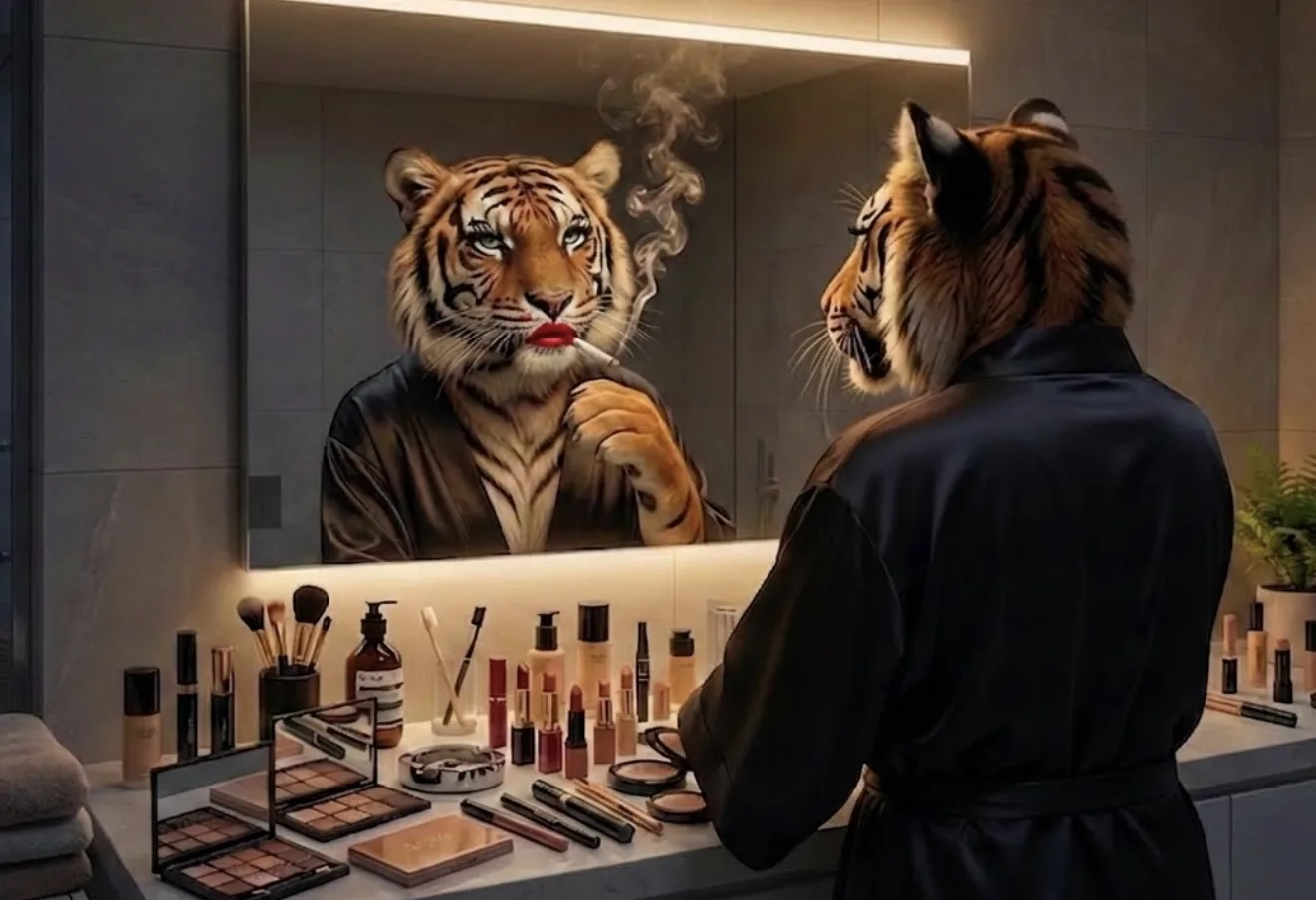 The pipe-smoking tigress in a silk robe applies red lipstick at a mirror crowded with beauty products.