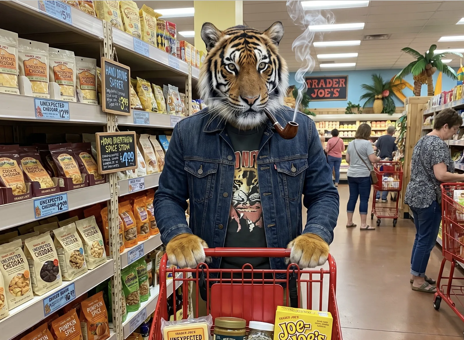 The pipe-smoking tiger pushes a red cart of Unexpected Cheddar through a Trader Joe's aisle.