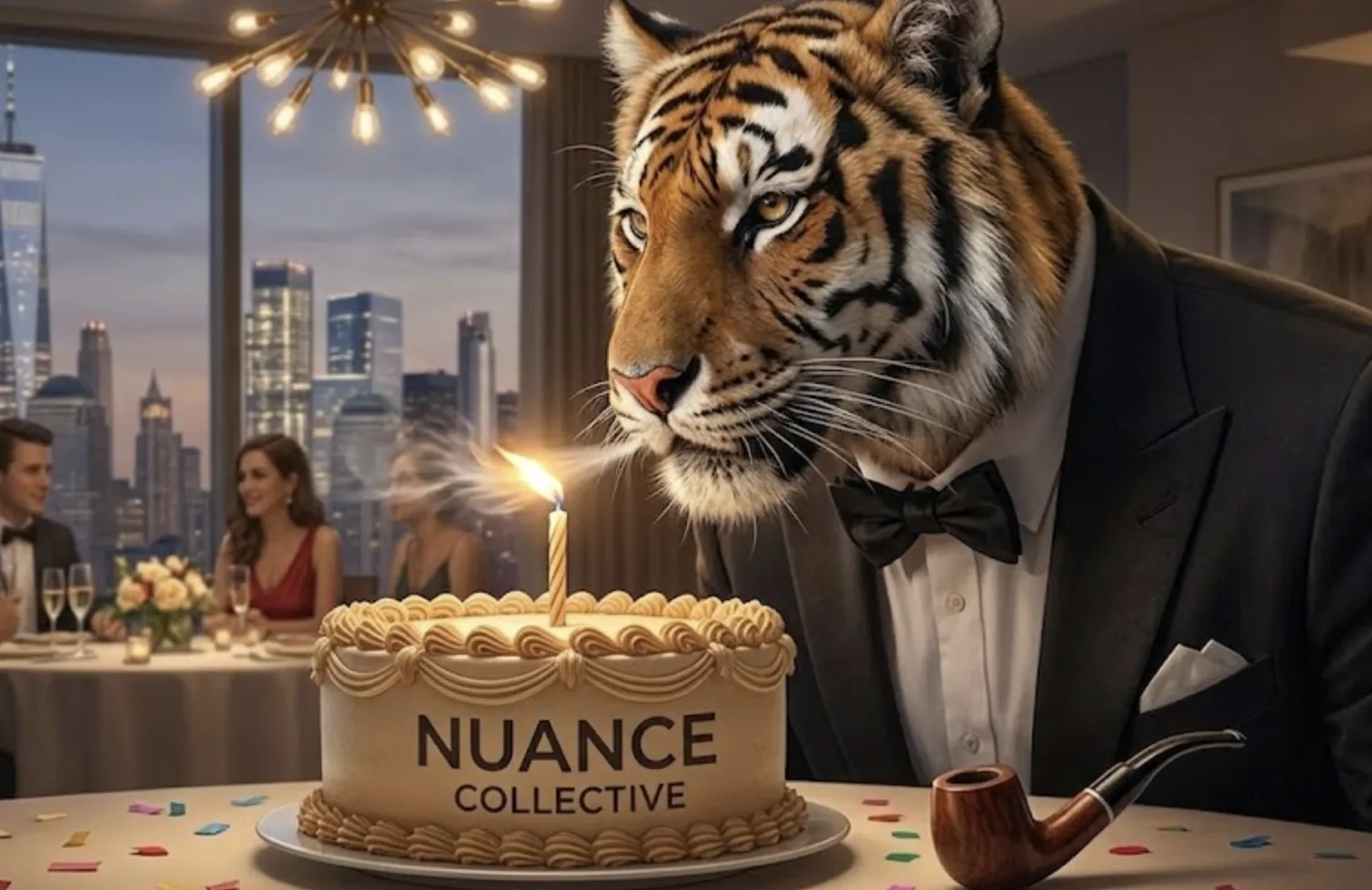 The pipe-smoking tiger in a tuxedo blows out a single candle on a Nuance Collective birthday cake.