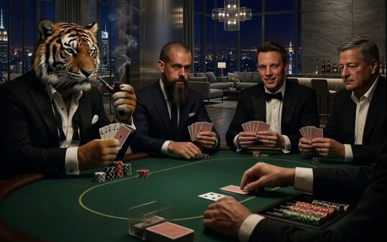 The pipe-smoking tiger plays high-stakes poker against Jack Dorsey and friends in a penthouse.
