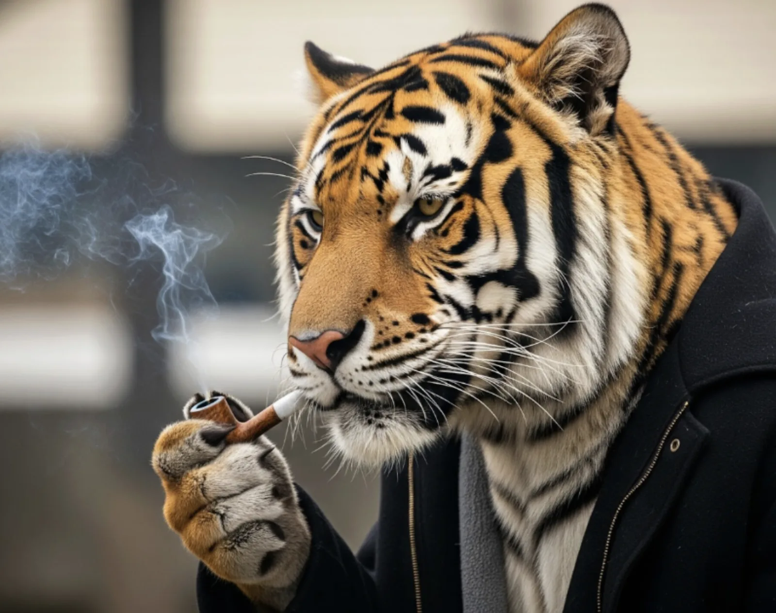 The pipe-smoking tiger in a black coat smokes a cigarette stuck in a pipe: the perfect dupe.