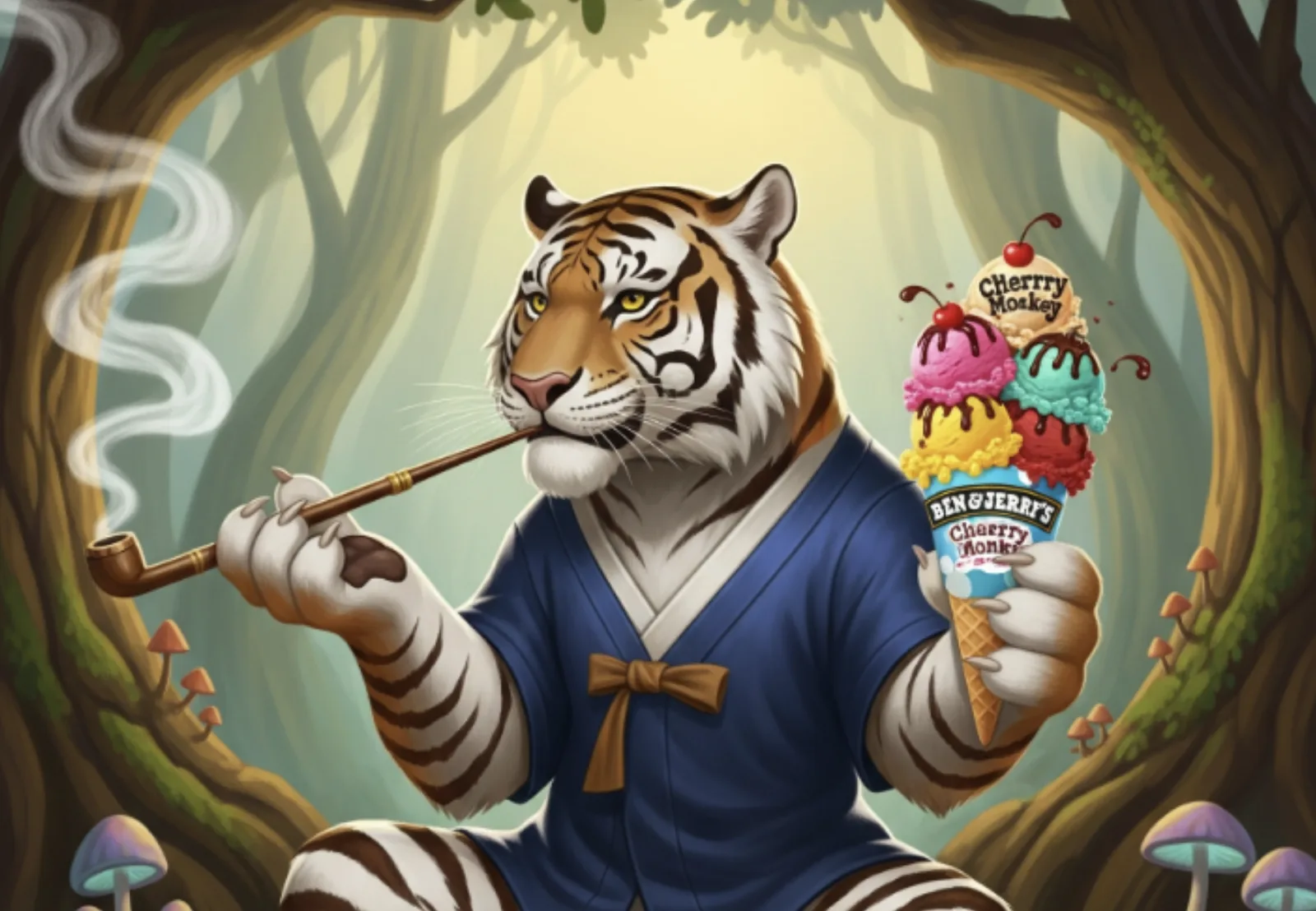 The pipe-smoking tiger in a forest holds a towering Ben & Jerry's Cherry Monkey cone.