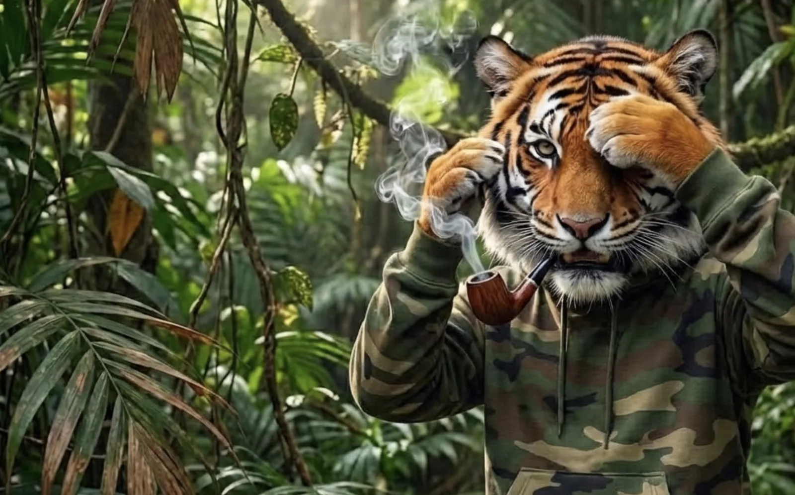 The pipe-smoking tiger in a camouflage hoodie tries to blend into the jungle. It isn't working.