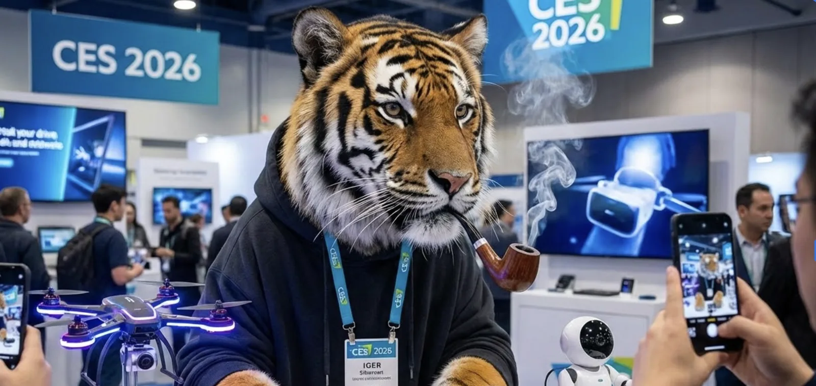 The pipe-smoking tiger wears a CES 2026 badge on the show floor, flanked by a drone and a small robot.