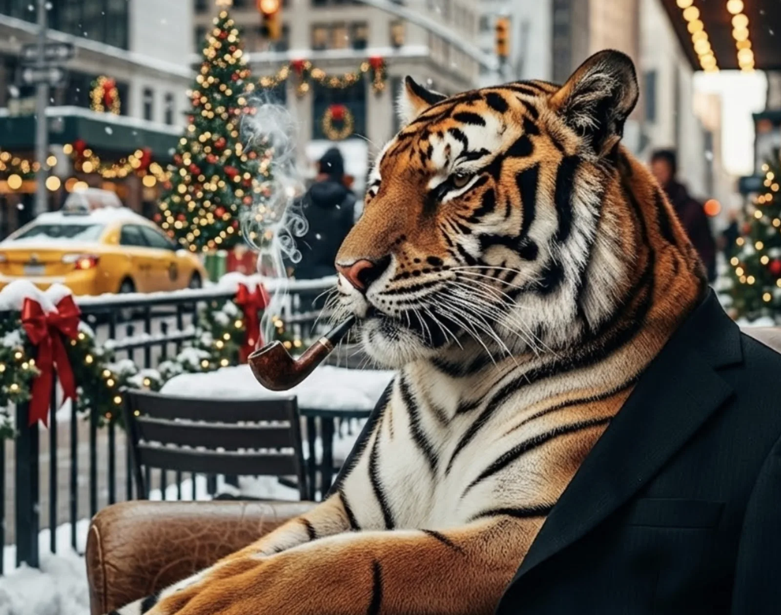 The pipe-smoking tiger in a dark suit sits at a snowy New York sidewalk cafe amid holiday decorations.