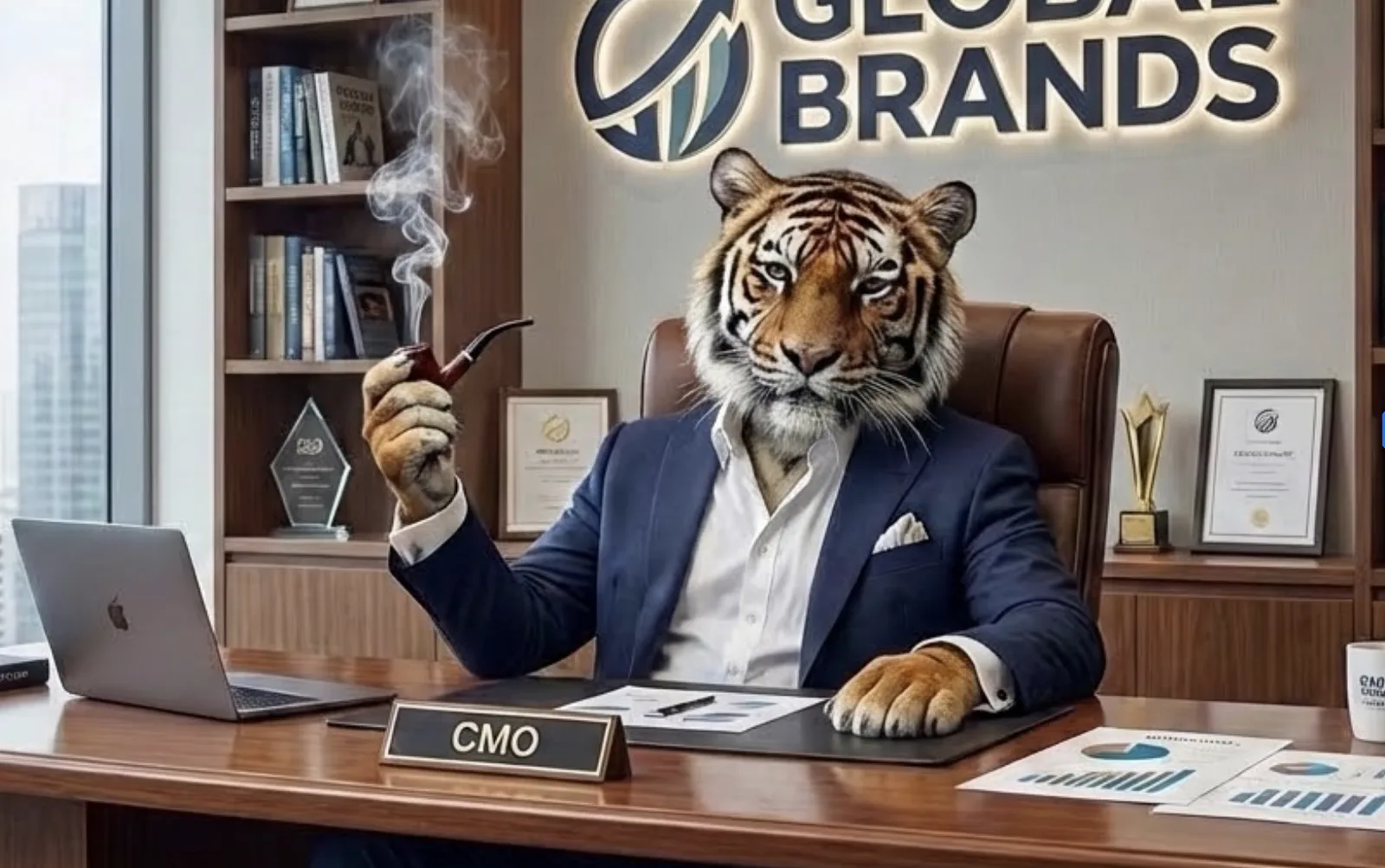 The pipe-smoking tiger in a navy suit behind a desk nameplate reading CMO at Global Brands.