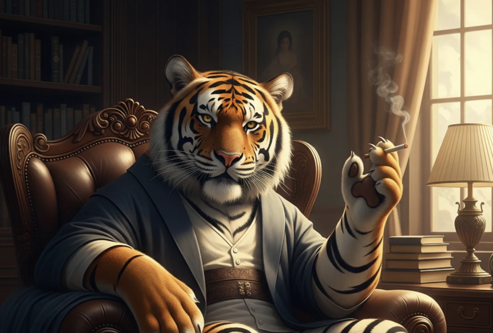 The pipe-smoking tiger reads by lamplight in a leather armchair, stacks of real books at hand.