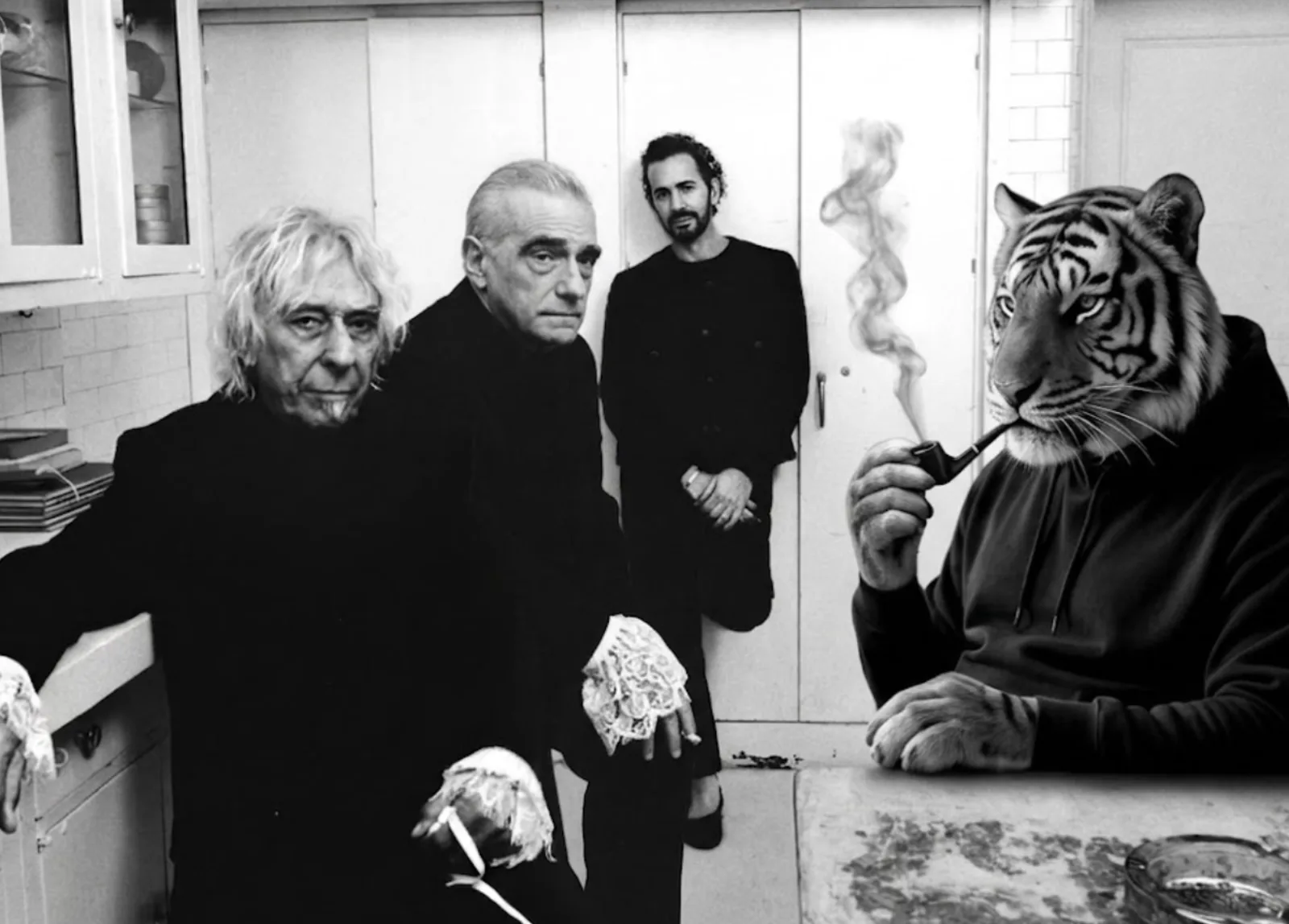Black-and-white photo: the pipe-smoking tiger sits at a kitchen table alongside three somber men in black.