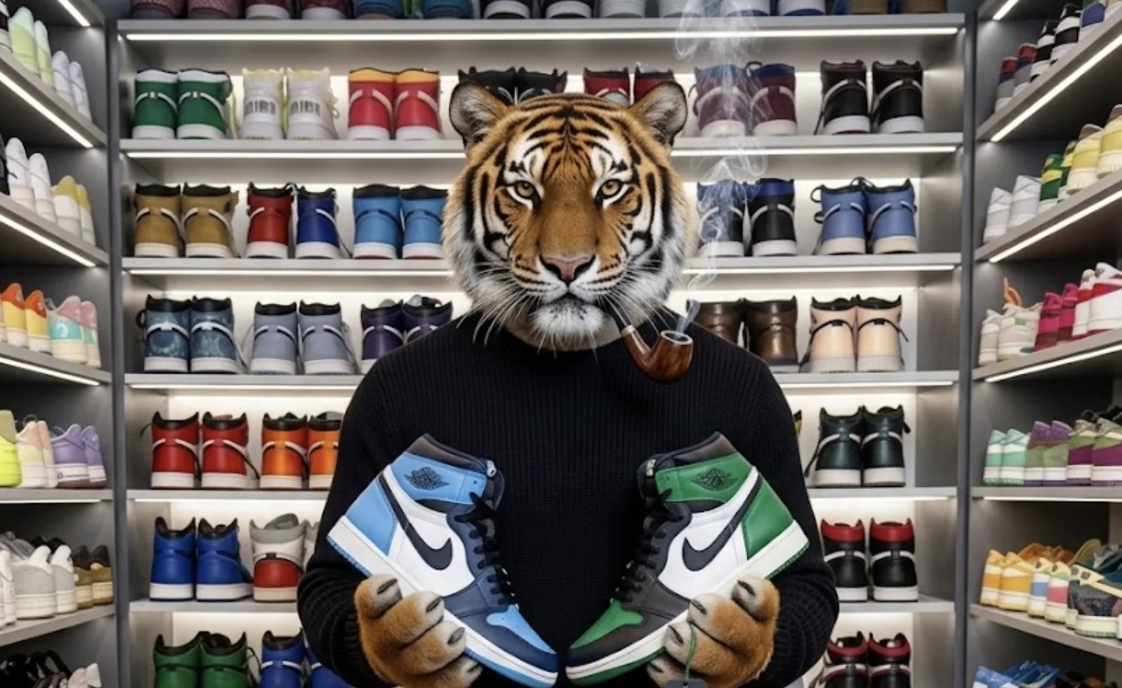The pipe-smoking Korean tiger, TNC's cultural mascot, stands in a sneaker vault in a black sweater, walls of Air Jordans lit on chrome shelving behind him, holding up a pair of University Blue Jordan 1s in one paw and a pair of Pine Green Jordan 1s in the other.