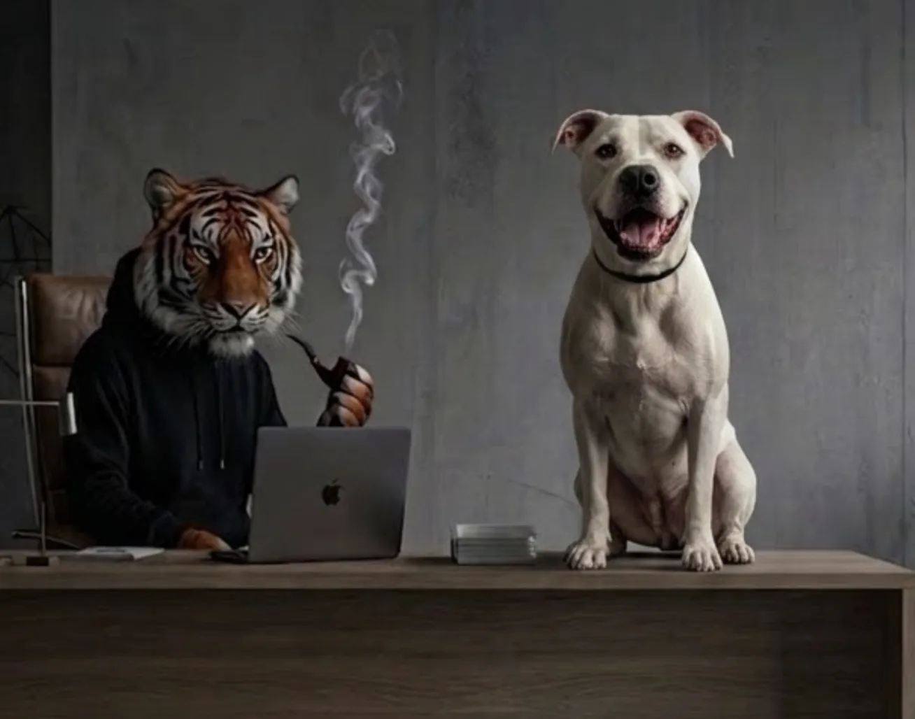 The pipe-smoking tiger works at a laptop while a happy white dog sits proudly on the desk.