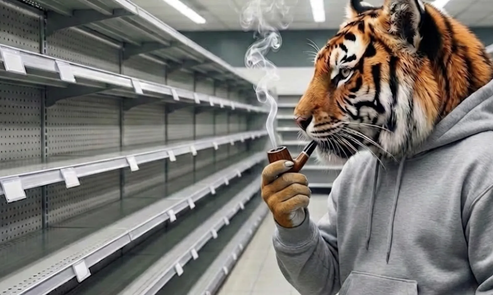 The pipe-smoking tiger contemplates a completely empty supermarket aisle.