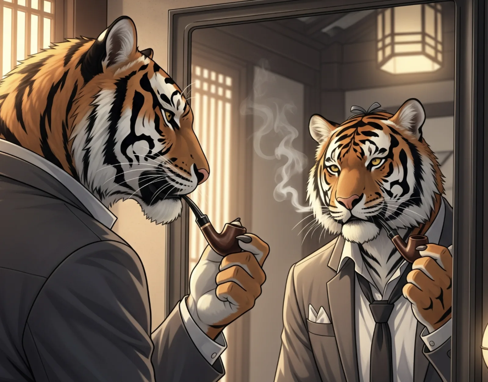 The pipe-smoking tiger studies its own reflection in a mirror, suit slightly undone.