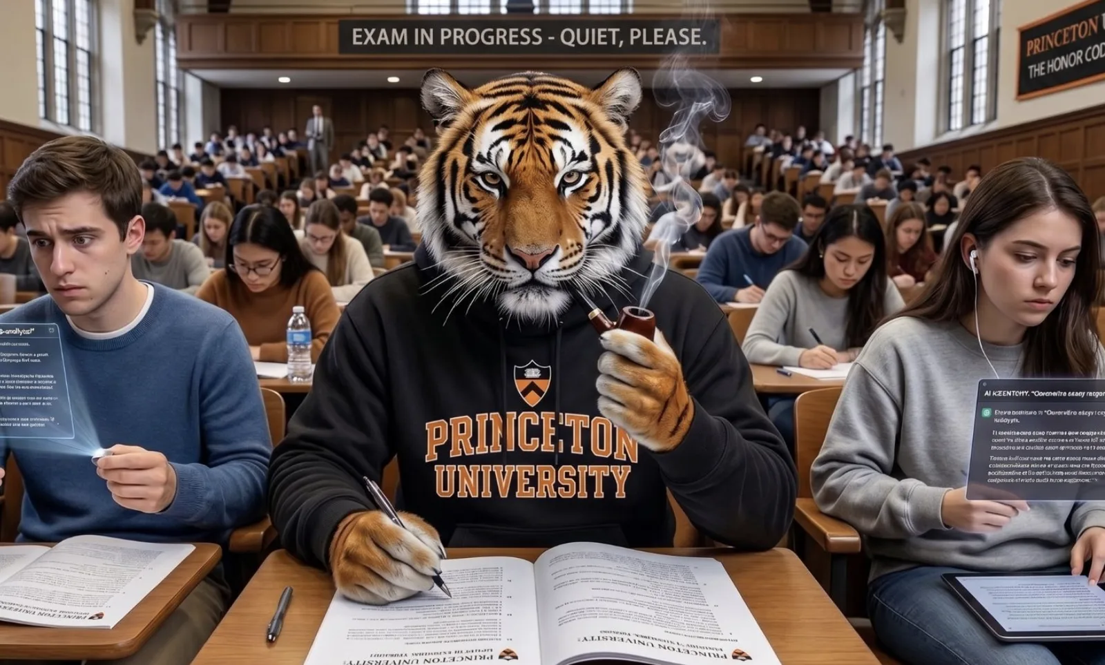 The pipe-smoking tiger in a Princeton hoodie takes a proctored exam while students around him sneak AI answers.