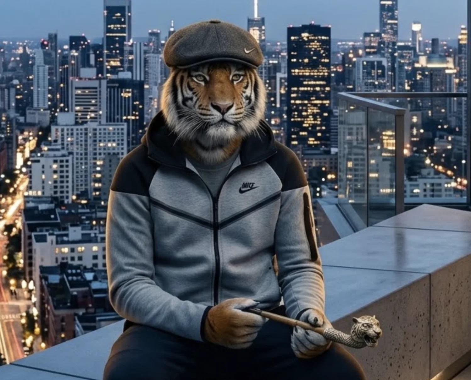The tiger in a full Nike tech fleece and flat cap on a rooftop at dusk, tiger-headed pipe in paw.