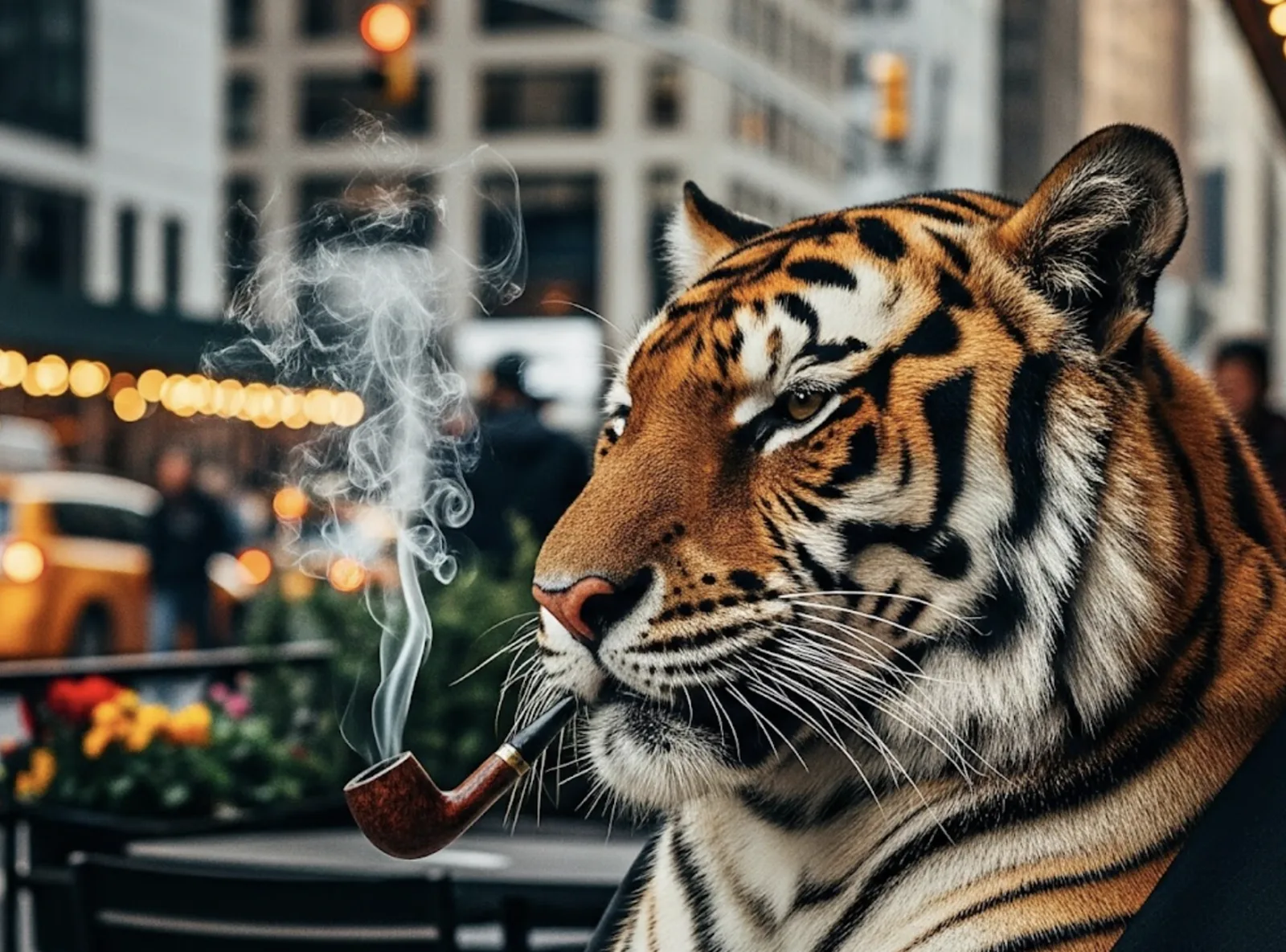 The pipe-smoking tiger at a Manhattan sidewalk cafe under holiday string lights, taxis blurring past.
