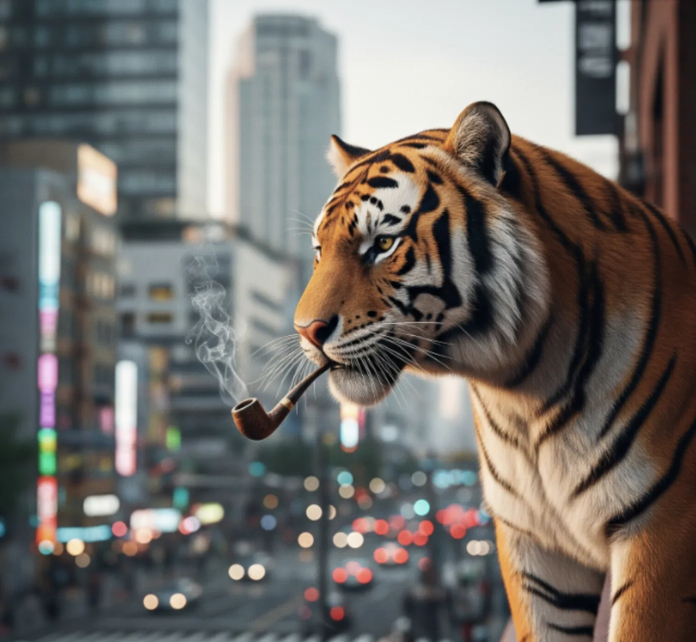 The pipe-smoking tiger surveys a teeming neon city street from a balcony above.