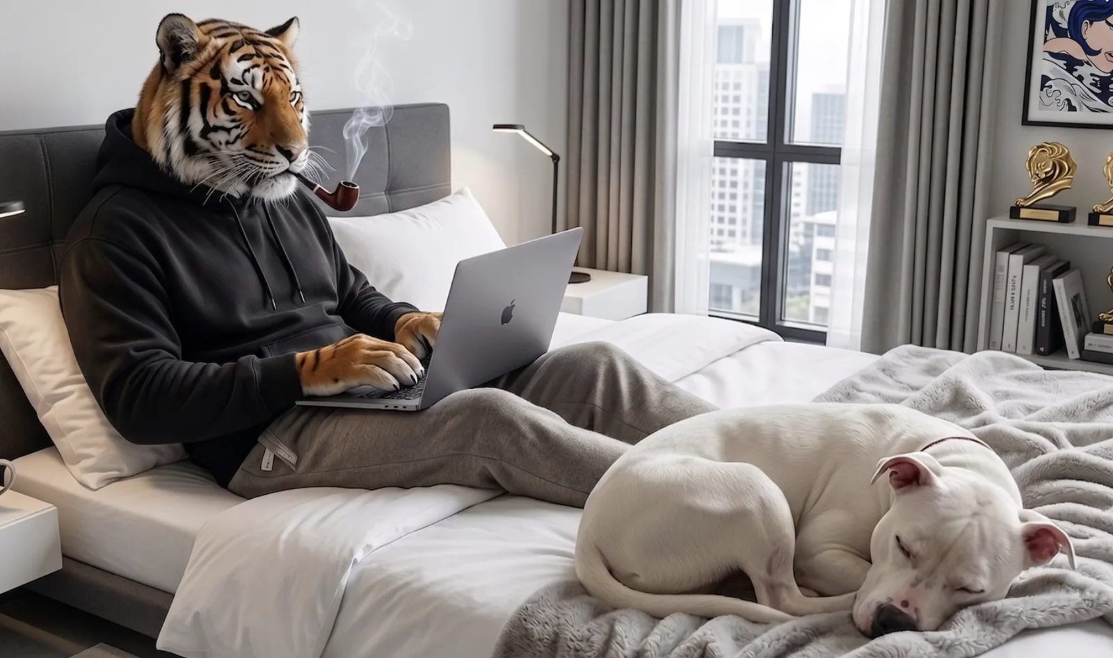 The pipe-smoking tiger works in bed while a white pittie sleeps curled at the end of it.