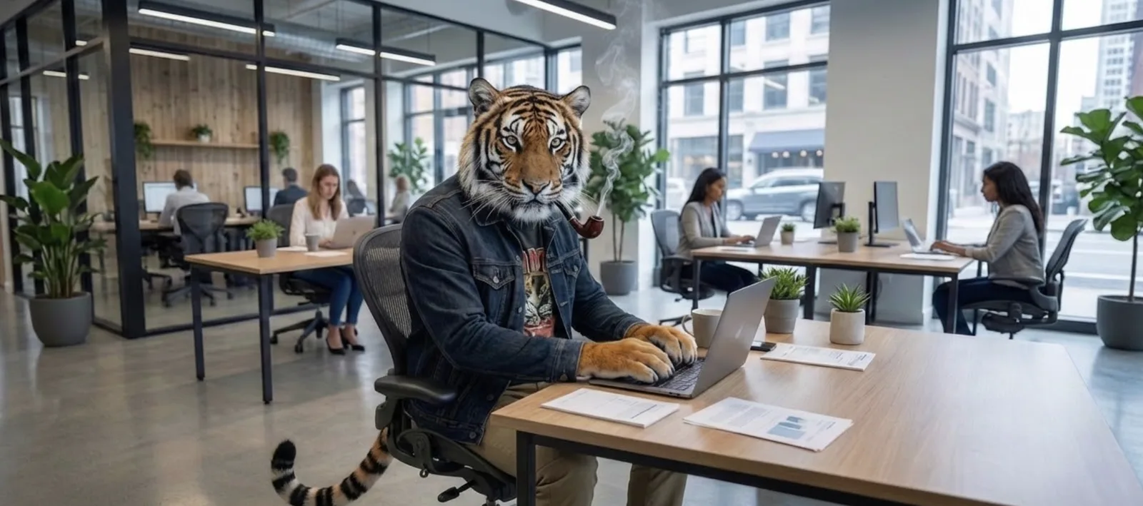 The pipe-smoking tiger works at a laptop in an open-plan office while meetings hum around him.
