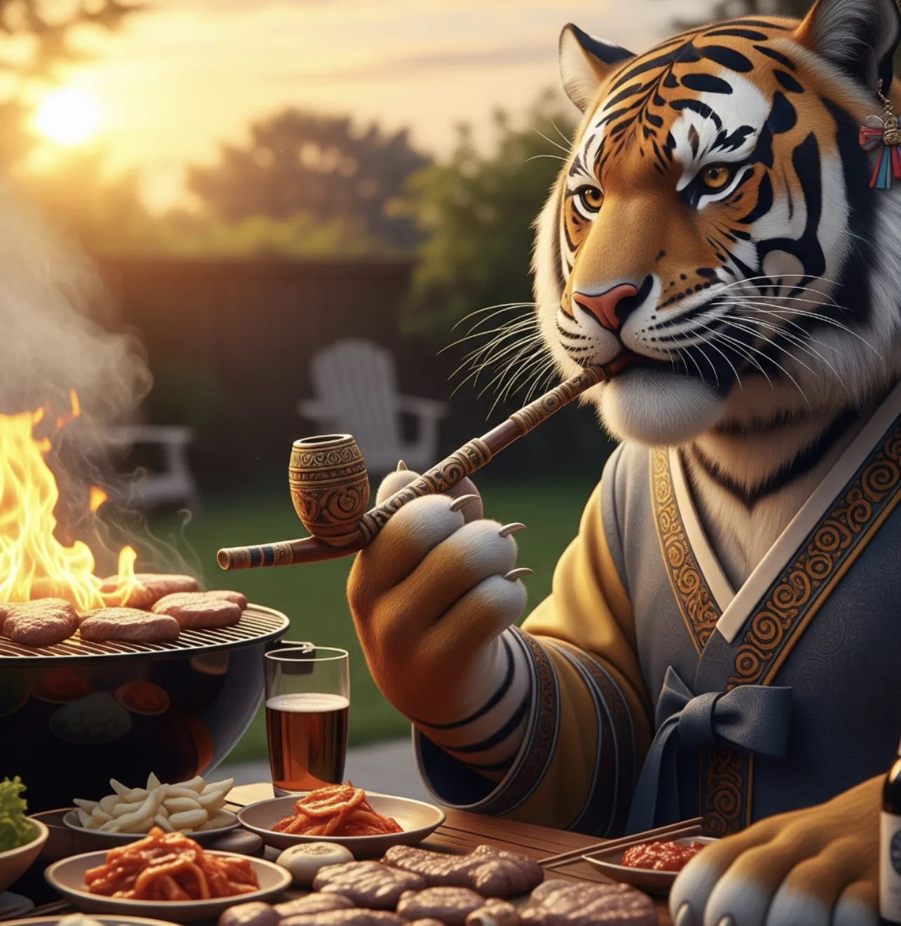 The pipe-smoking tiger in a hanbok grills burgers beside plates of kimchi at a backyard Labor Day BBQ.