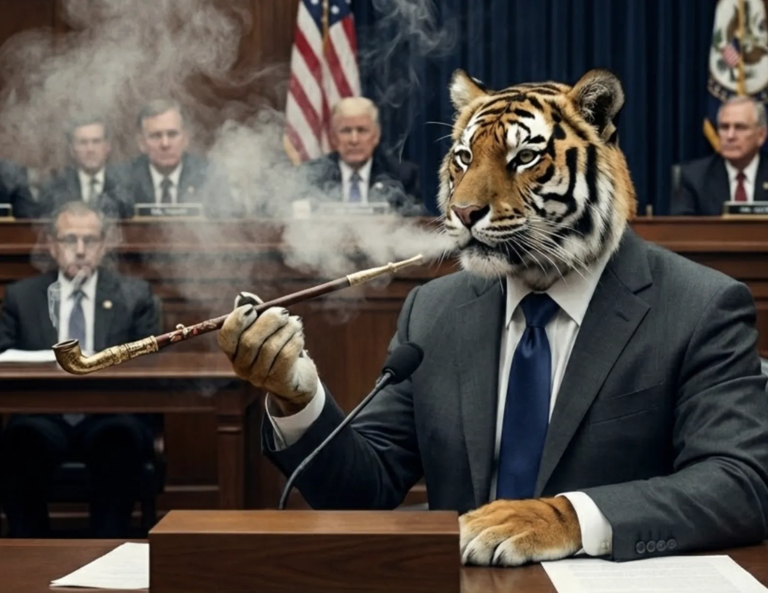 The pipe-smoking tiger in a gray suit testifies before a congressional committee, gesturing with a long ceremonial pipe.