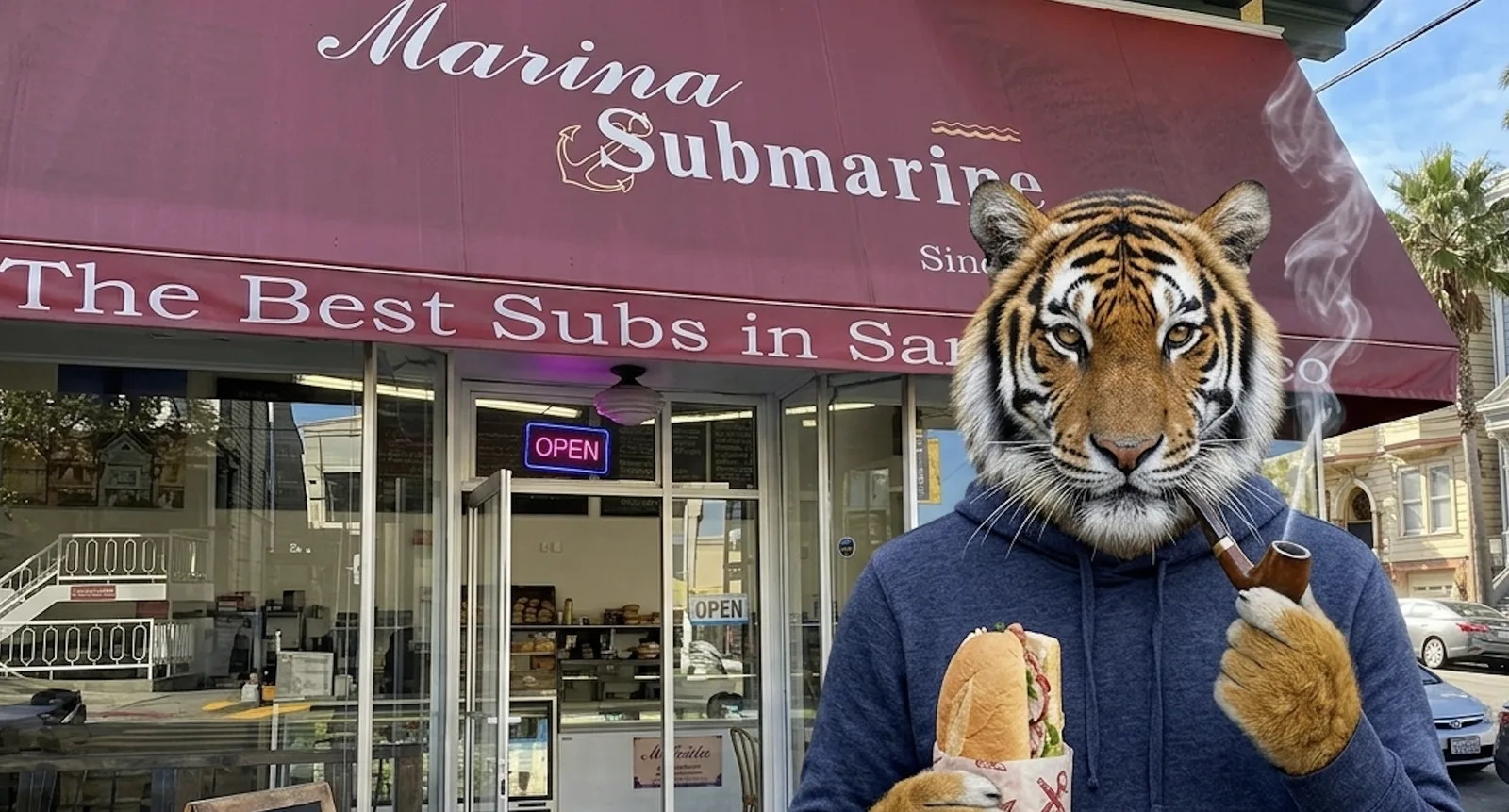 The pipe-smoking tiger holds a wrapped sub outside Marina Submarine, home of the best subs in San Francisco.