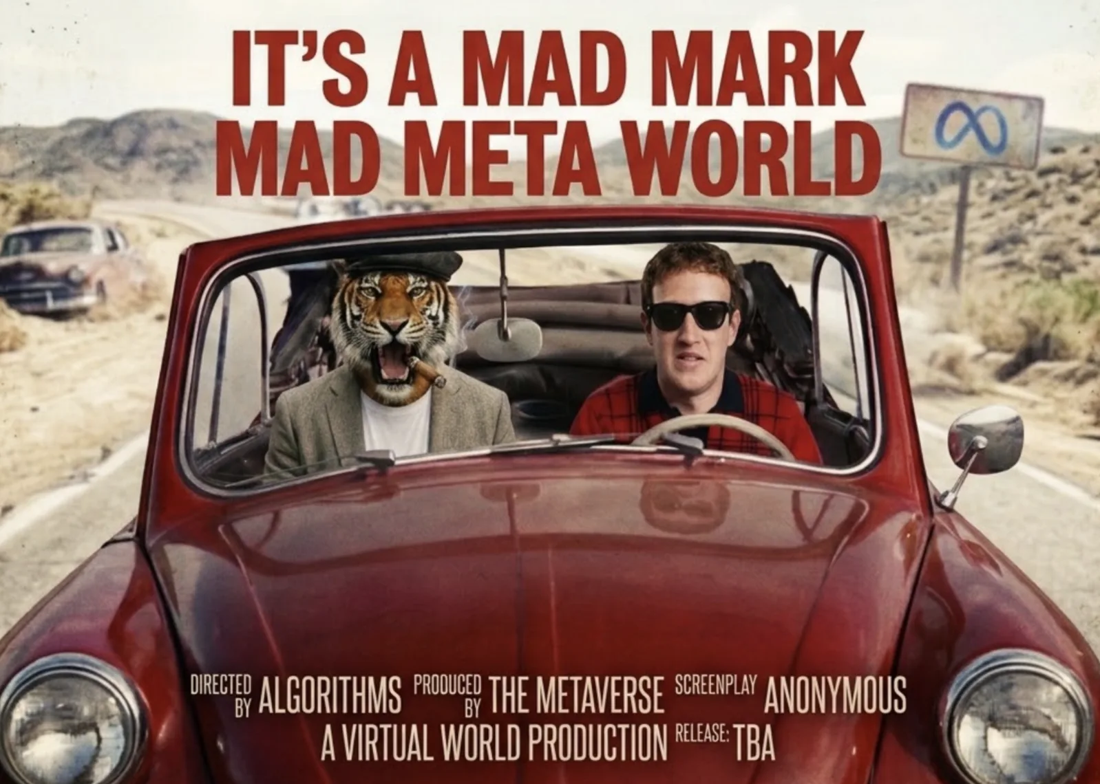 Movie-poster parody: the pipe-smoking tiger rides shotgun as Mark Zuckerberg drives a vintage convertible past a Meta sign. It's a Mad Mark Mad Meta World.