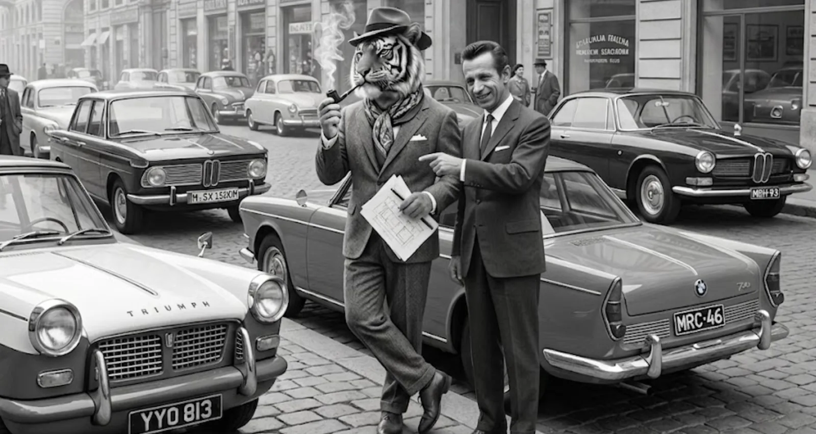 The pipe-smoking Korean tiger, TNC's cultural mascot, in a fedora and tweed suit on a cobbled Turin street, while Giovanni Michelotti stands beside him pointing, design drawings under the tiger's arm. A white Triumph Herald, a Triumph TR4, a BMW 700 and a Neue Klasse 1500 are parked around them.