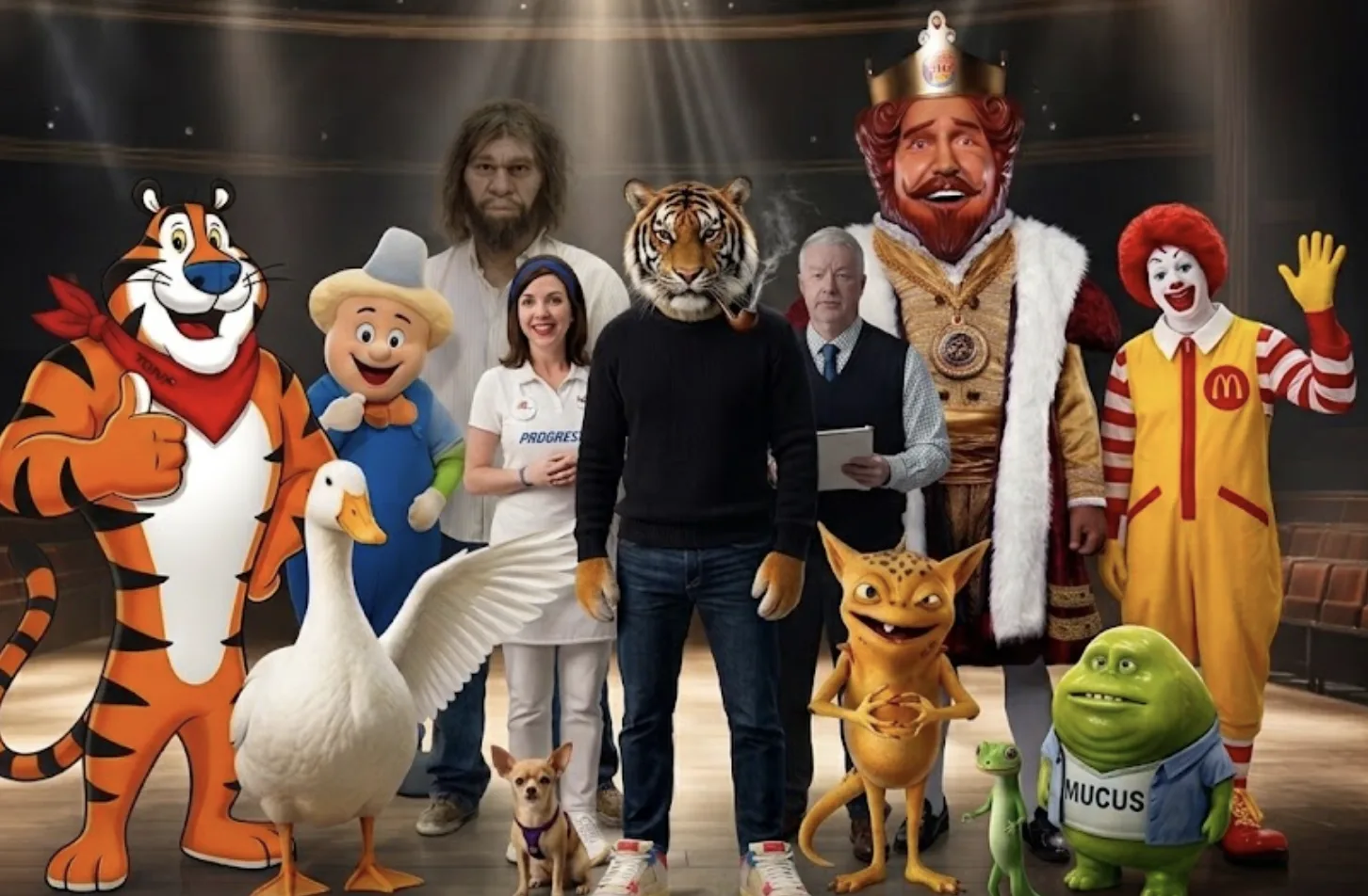 A spotlit stage lineup of advertising mascots with the pipe-smoking Korean tiger, TNC's cultural mascot, standing at the center in a black sweater and jeans. Around him: Tony the Tiger, the Pillsbury Doughboy, a GEICO caveman, Flo, the Aflac duck, the Taco Bell chihuahua, Dr. Rick, the Burger King, the GEICO gecko, Mr. Mucus and Ronald McDonald.