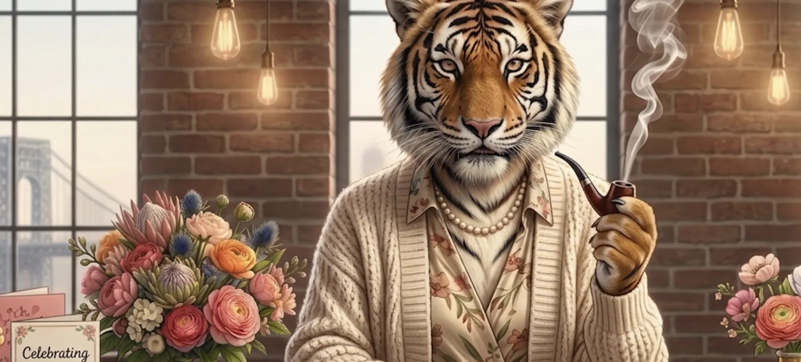 The pipe-smoking tiger in pearls and a floral dress among Mother's Day bouquets and cards, the GW Bridge out the window.
