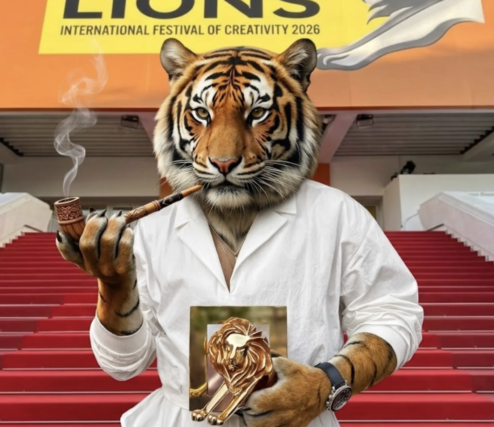 The pipe-smoking tiger on the Cannes red carpet steps in a white shirt, holding a Lion trophy.