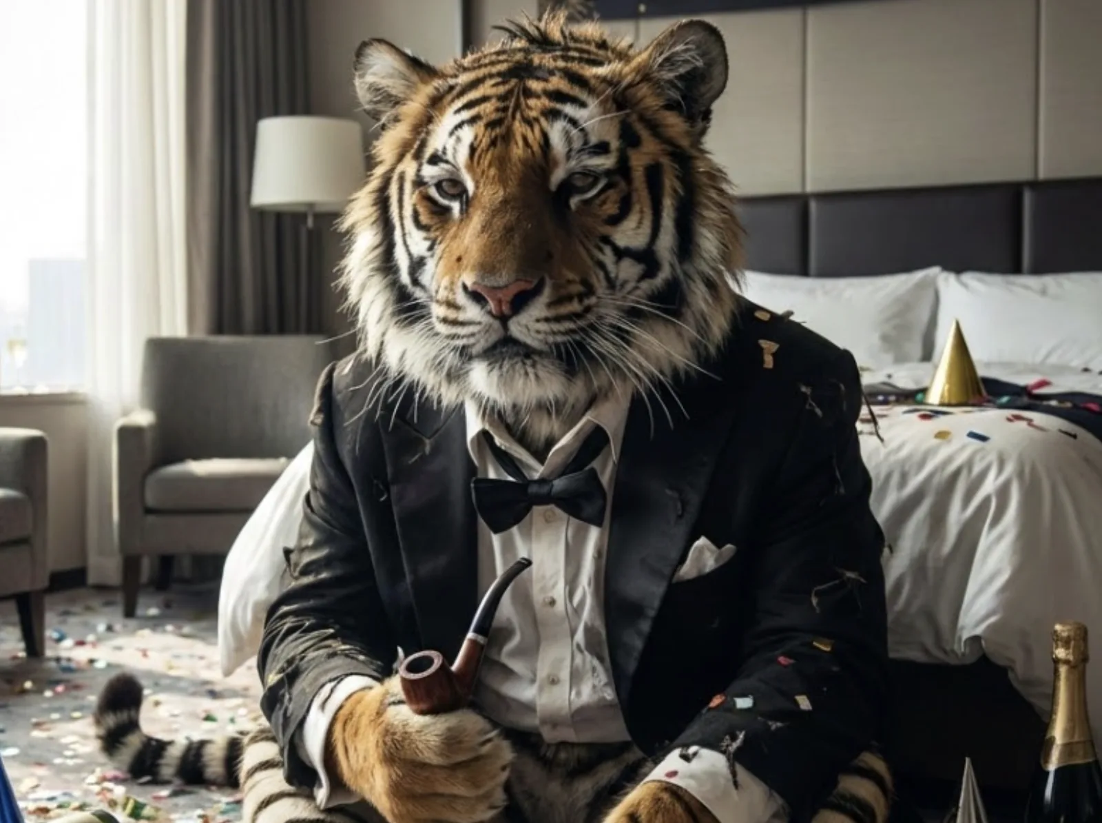 The pipe-smoking tiger in a confetti-covered tuxedo the morning after a New Year's party, champagne bottle at his side.