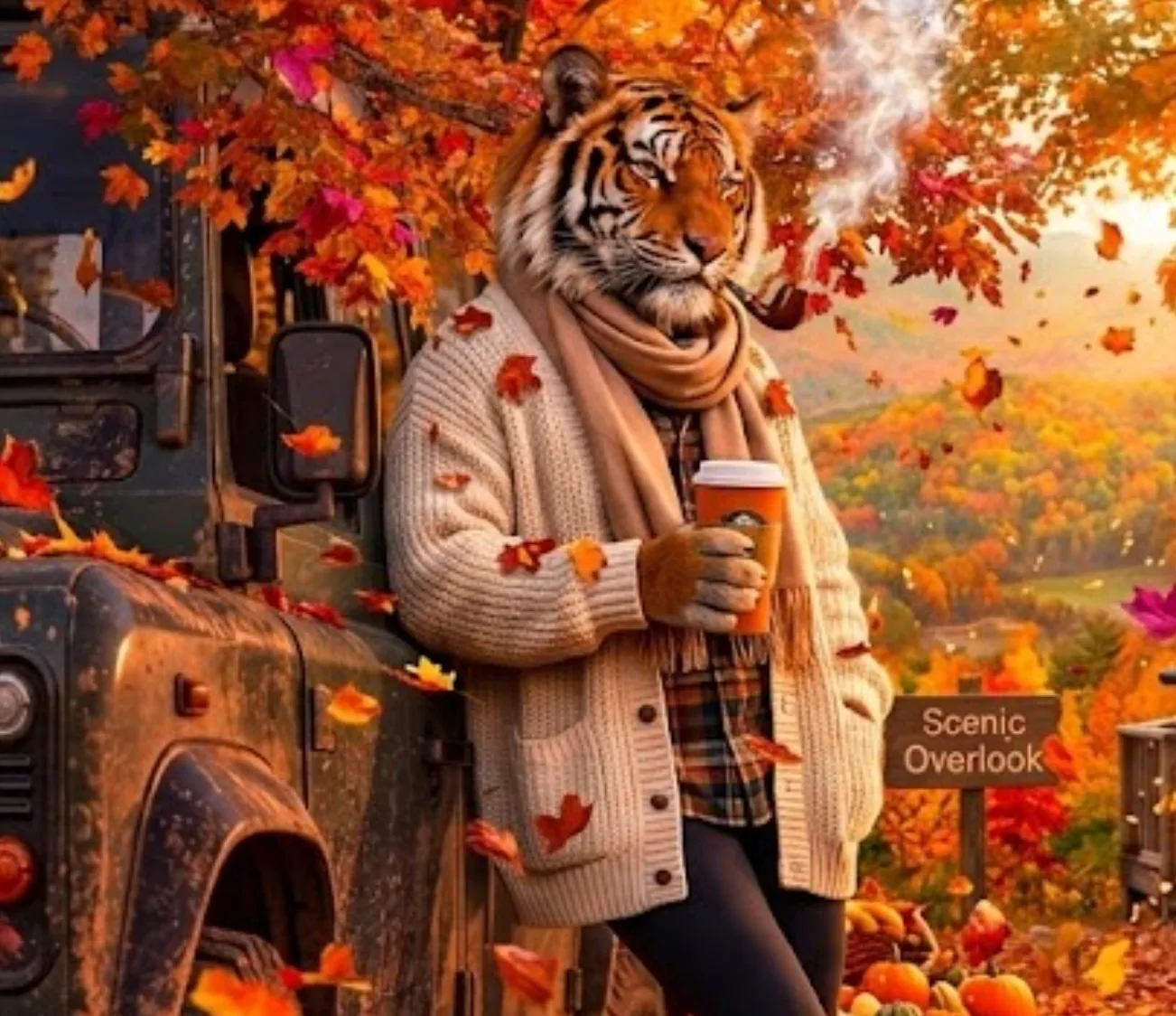 The pipe-smoking Korean tiger, TNC's cultural mascot, leans against a weathered Land Rover in a cream cardigan and tan scarf, holding a takeaway coffee as red and orange leaves fall around him, a Scenic Overlook sign and autumn hills behind.