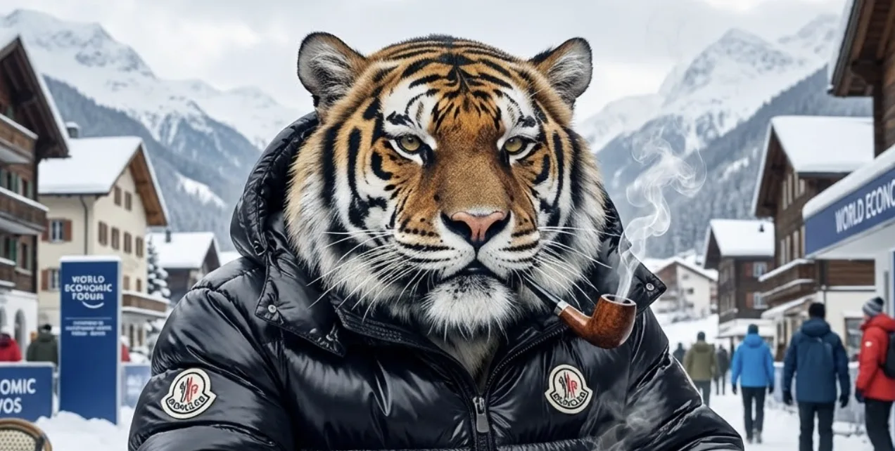 The pipe-smoking tiger in a Moncler puffer on the snowy main street of Davos during the World Economic Forum.