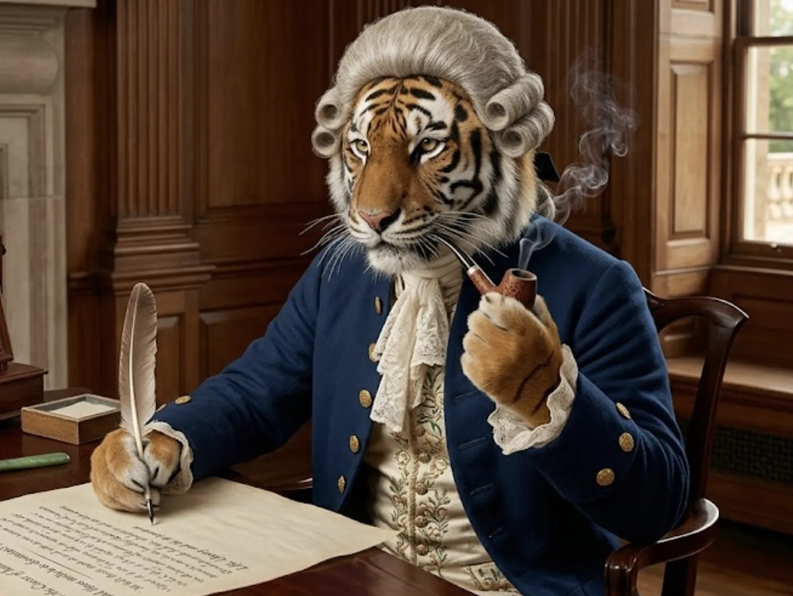 The pipe-smoking tiger in a powdered wig and colonial coat, drafting a declaration with a quill.