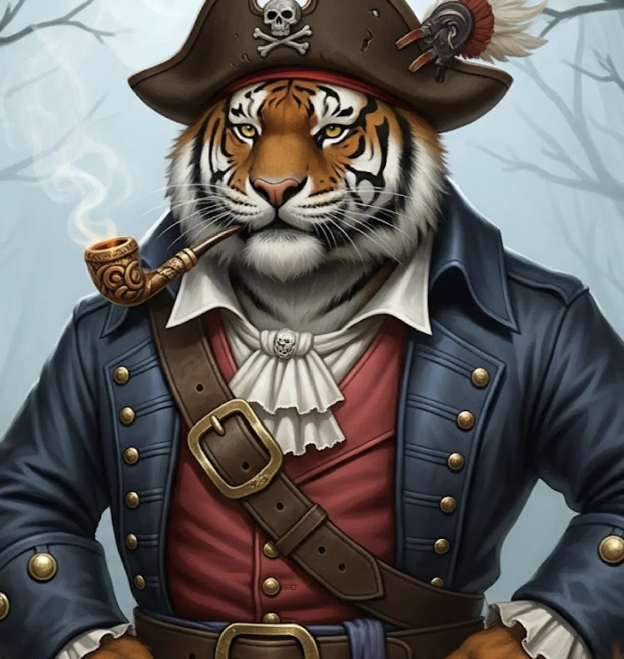 The pipe-smoking tiger as a pirate captain in a tricorn hat and brass-buttoned coat.