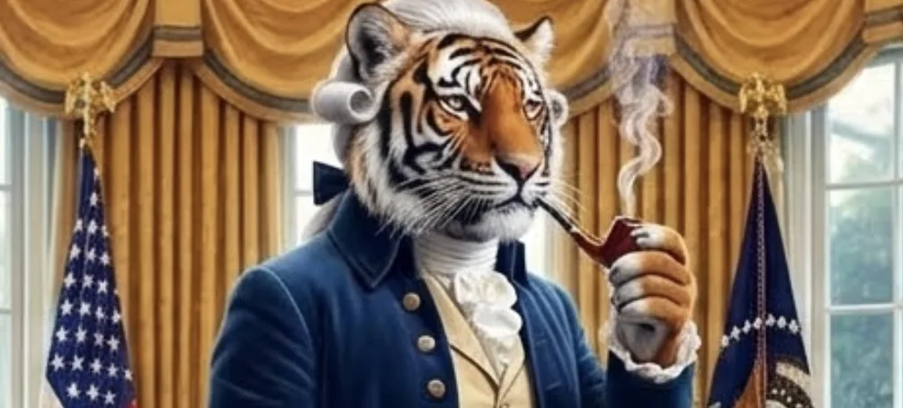 The pipe-smoking tiger in a powdered wig and founding-era coat, standing in the Oval Office.
