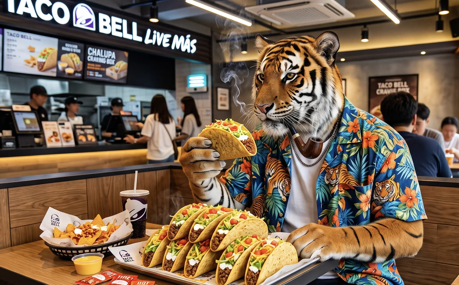 The pipe-smoking tiger in a tiger-print Hawaiian shirt with a full tray of tacos at a Taco Bell.