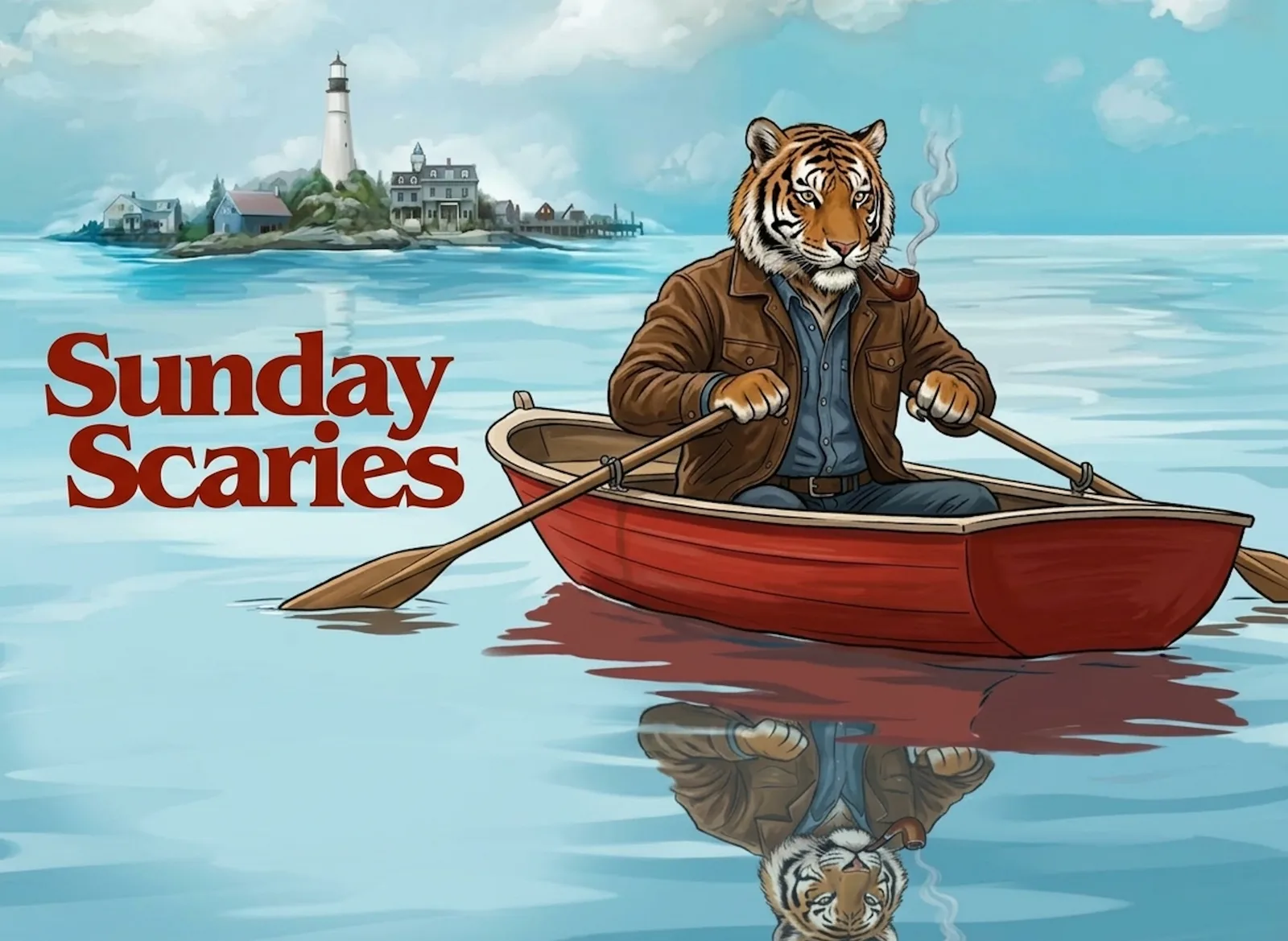 Illustration of the pipe-smoking Korean tiger, TNC's cultural mascot, in a brown jacket rowing a small red boat across calm blue water, his reflection beneath him, a New England lighthouse island in the distance and the words Sunday Scaries set in red at the left.