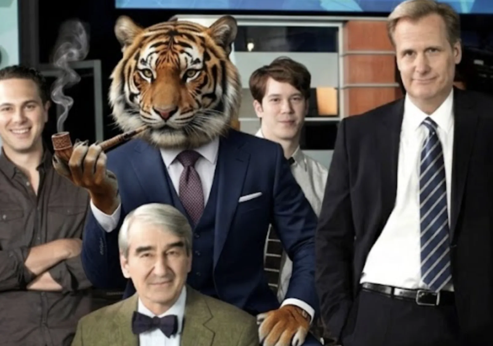 The pipe-smoking tiger in a three-piece suit standing with the cast of The Newsroom.