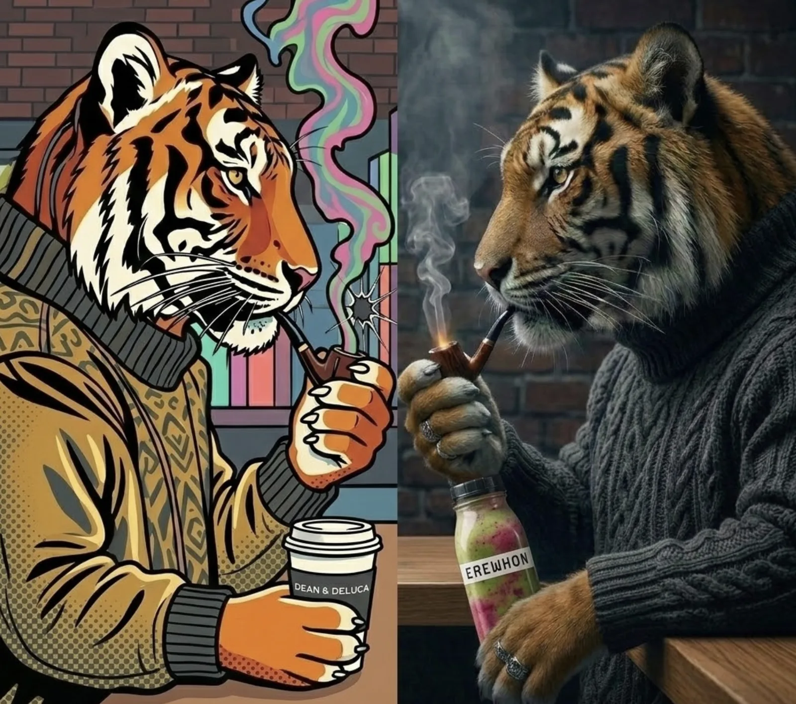Split panel: the pipe-smoking tiger as a pop-art illustration with a Dean & DeLuca coffee, and in photoreal style with an Erewhon smoothie.