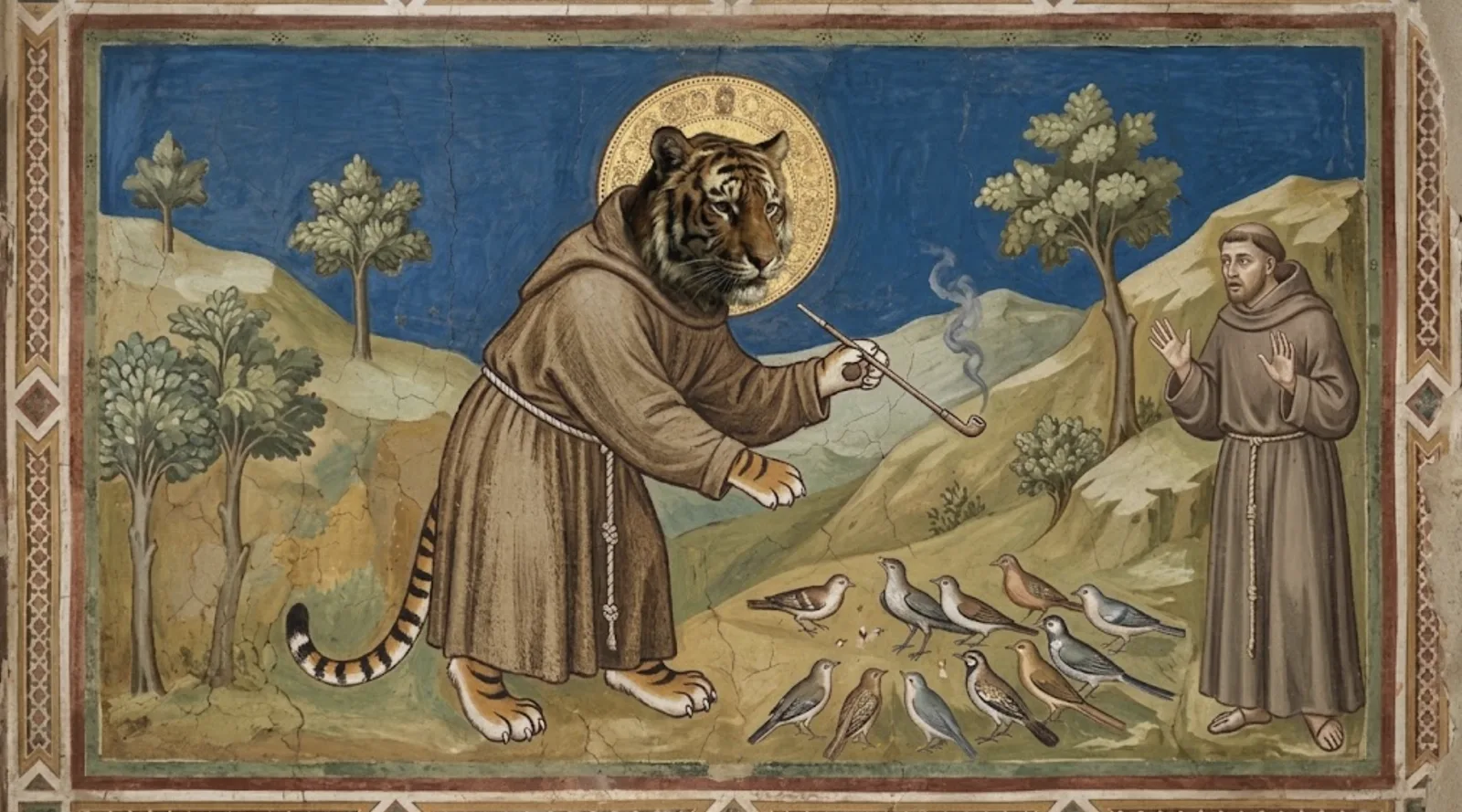 A Giotto-style fresco in which the pipe-smoking Korean tiger, TNC's cultural mascot, stands in a Franciscan habit with a gold halo, holding a long-stemmed pipe and preaching to a flock of birds, while a startled friar raises both hands on the hillside at right.
