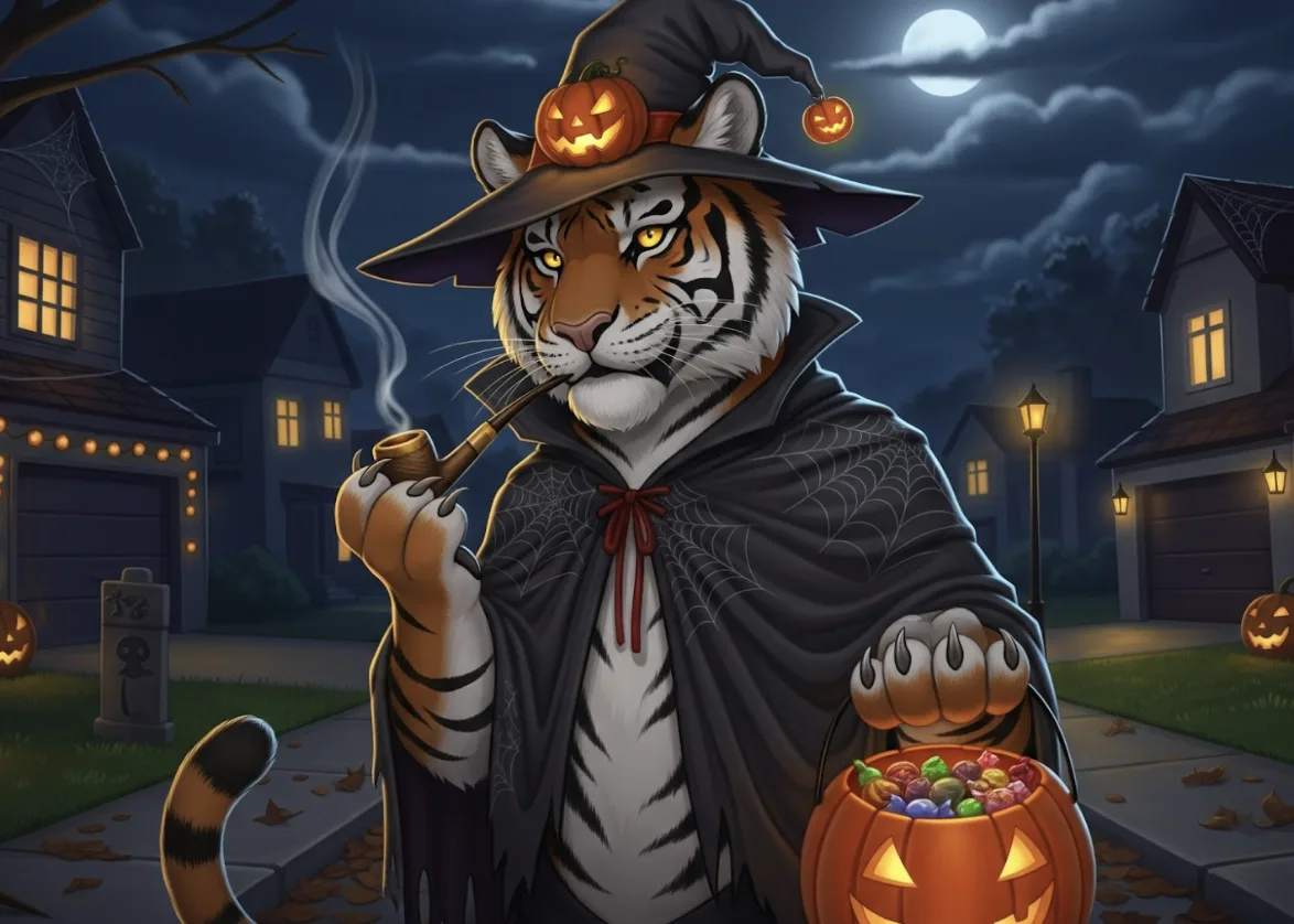 The pipe-smoking tiger trick-or-treats in a witch hat and cobweb cape, pumpkin bucket of candy in paw.